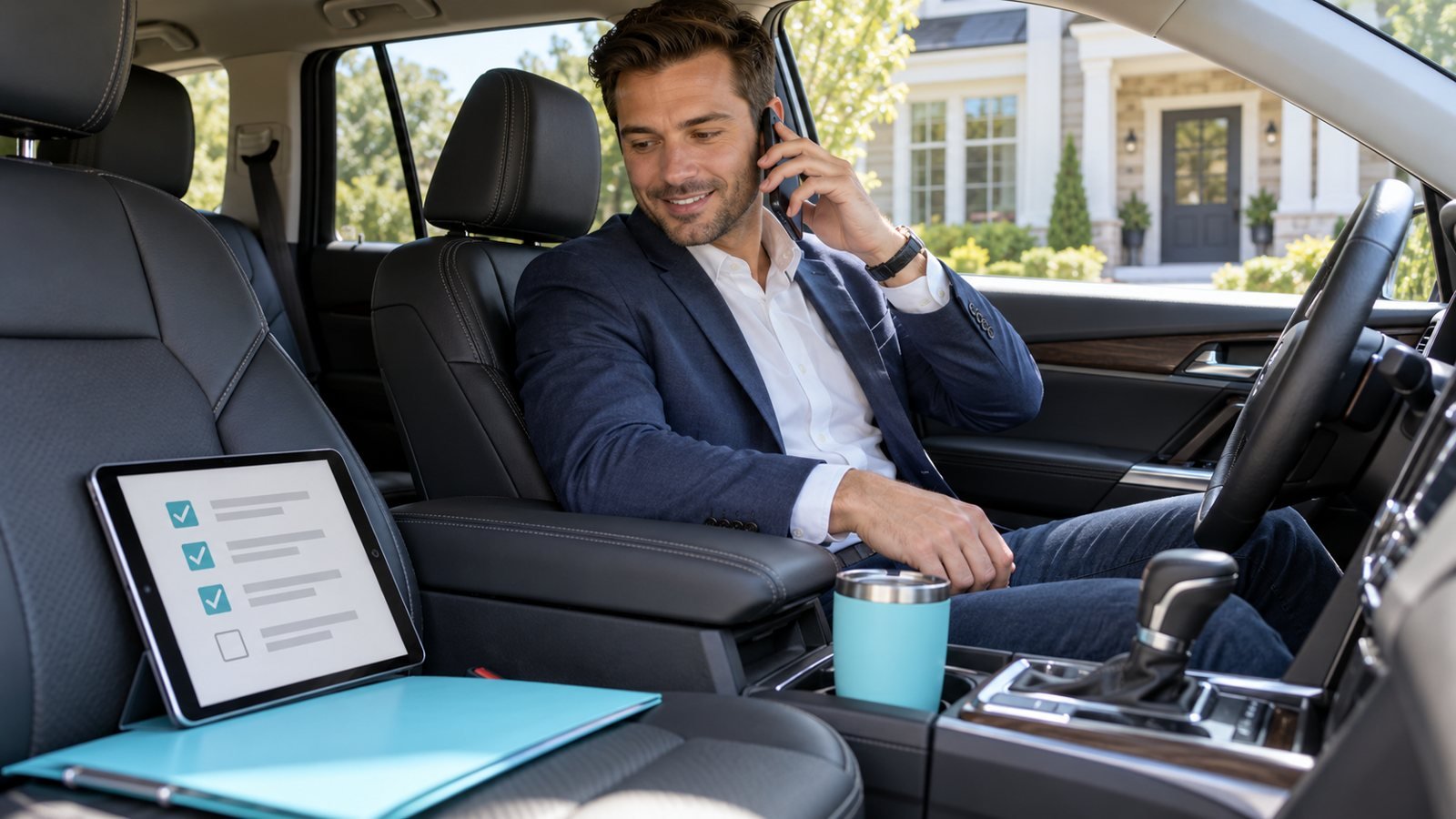 Real estate agent taking a call in his parked car, with a checklist on a tablet beside him