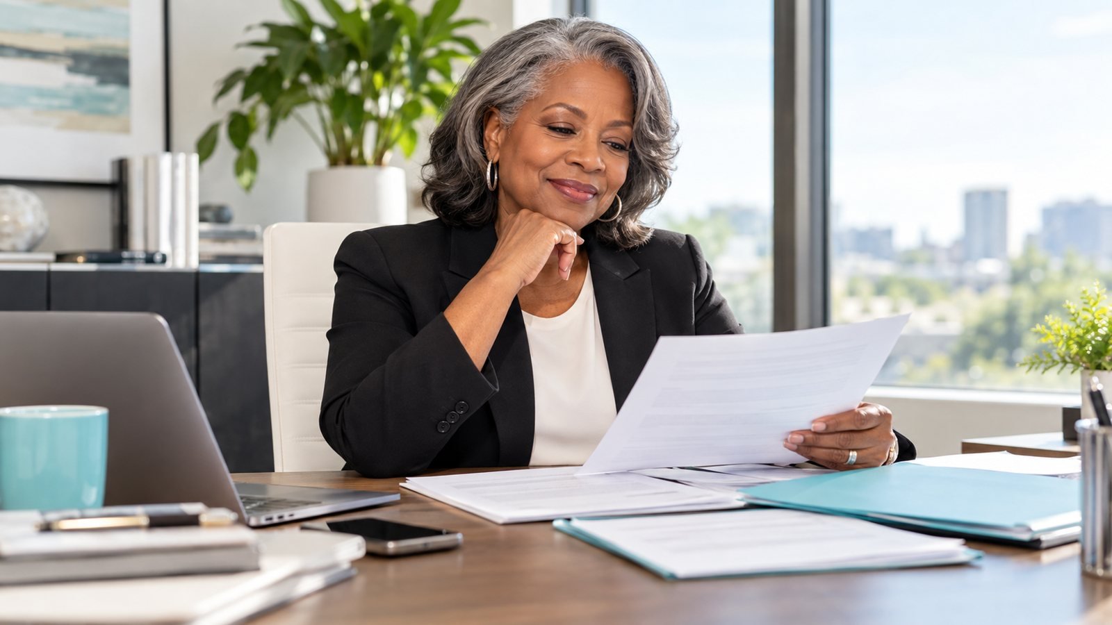 Experienced real estate professional reviewing documents at her desk
