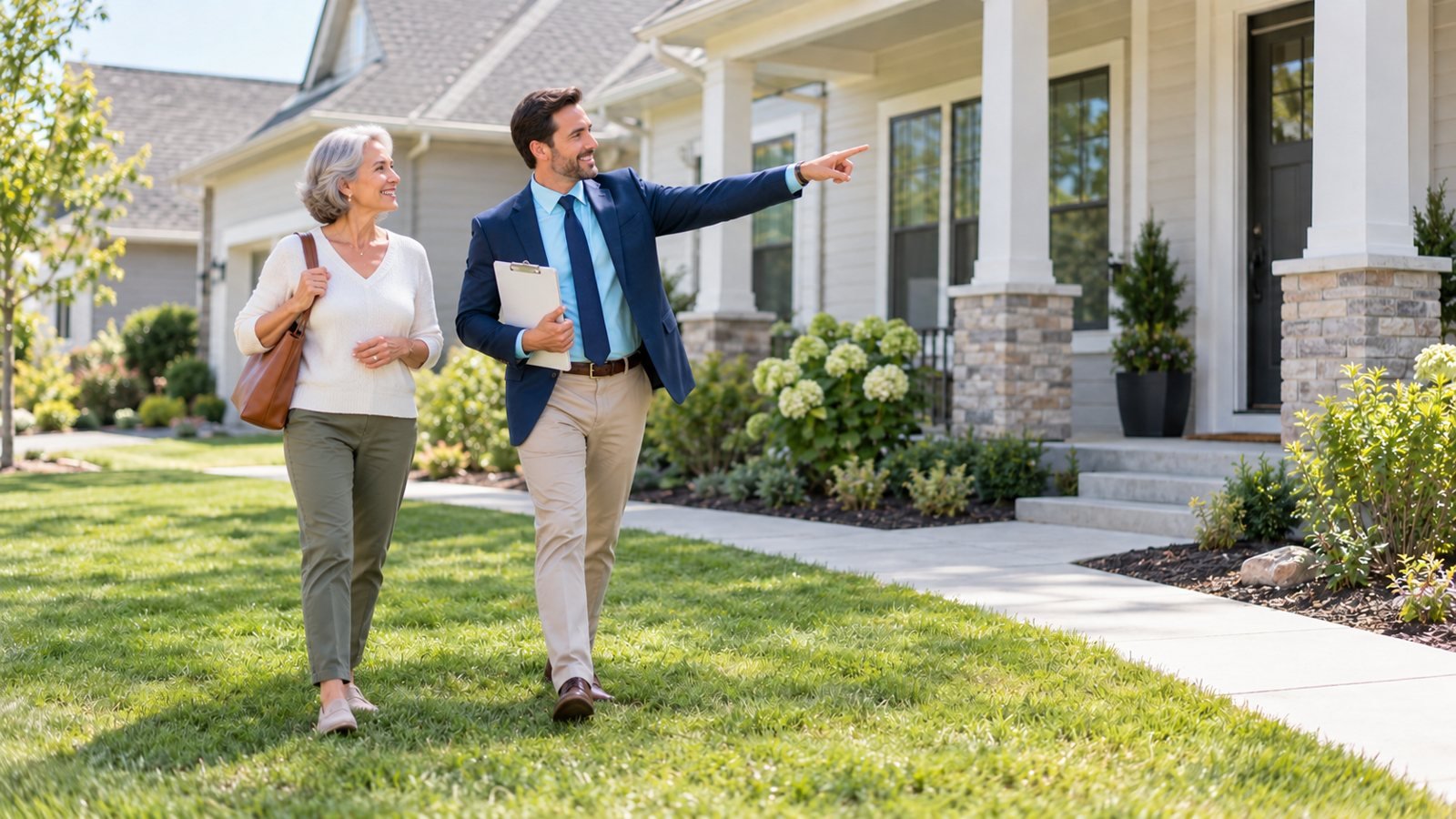 Real estate agent showing a client the outside of a home