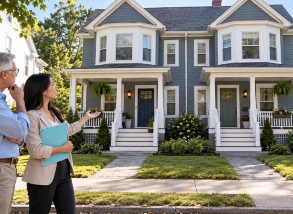 Real estate agent showing a two-family house to an investor client