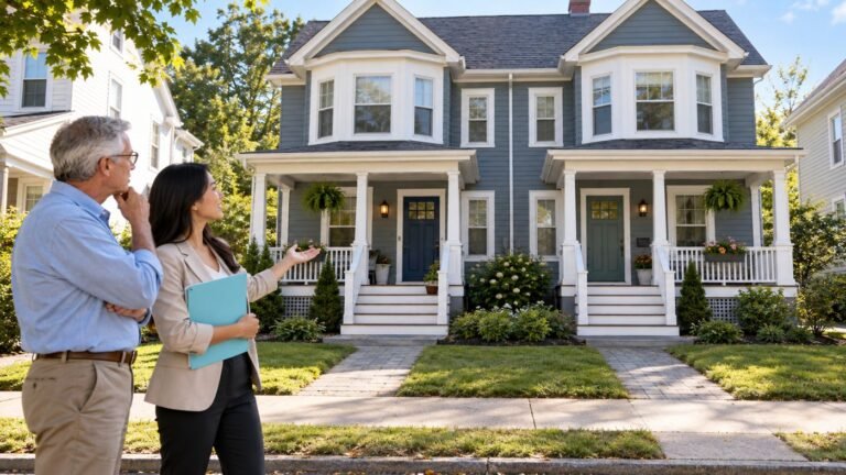 Real estate agent showing a two-family house to an investor client
