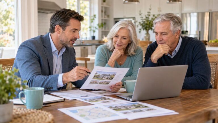 Real estate agent reviewing home sales with seller clients at a kitchen table