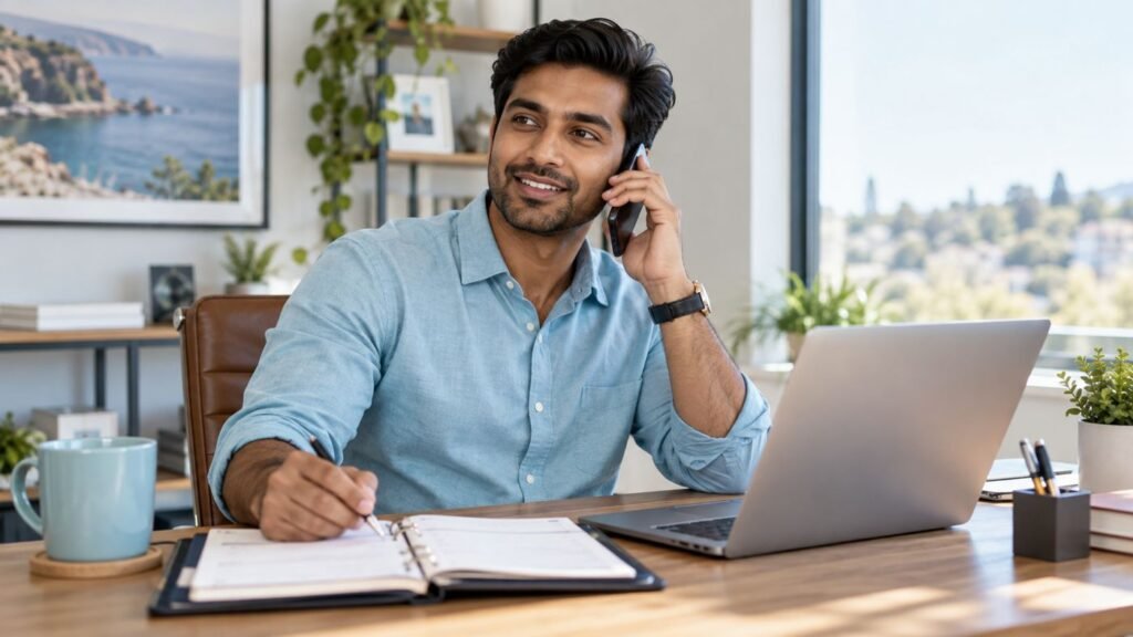 Real estate agent on a call at a home office desk