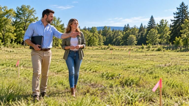 Real estate agent walking a vacant lot with a client