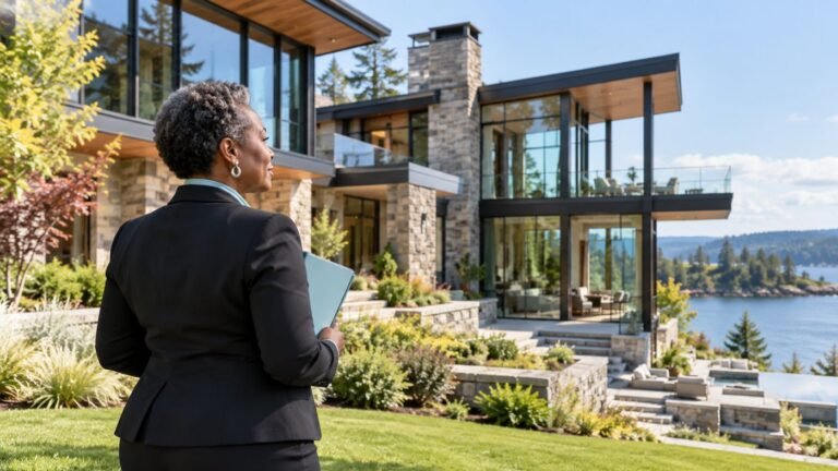 Real estate agent looking at a one-of-a-kind waterfront home