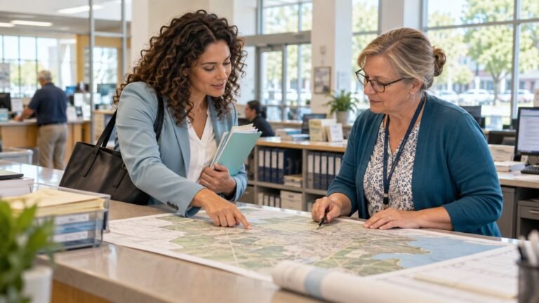 Real estate agent reviewing a property map with a clerk at a town records office