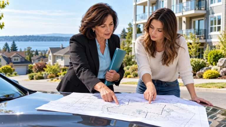 Real estate agent and client reviewing a property survey