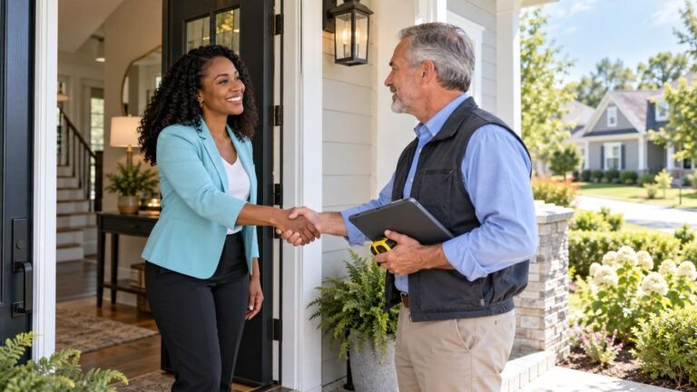 Real estate agent greeting an appraiser at the front door of a home